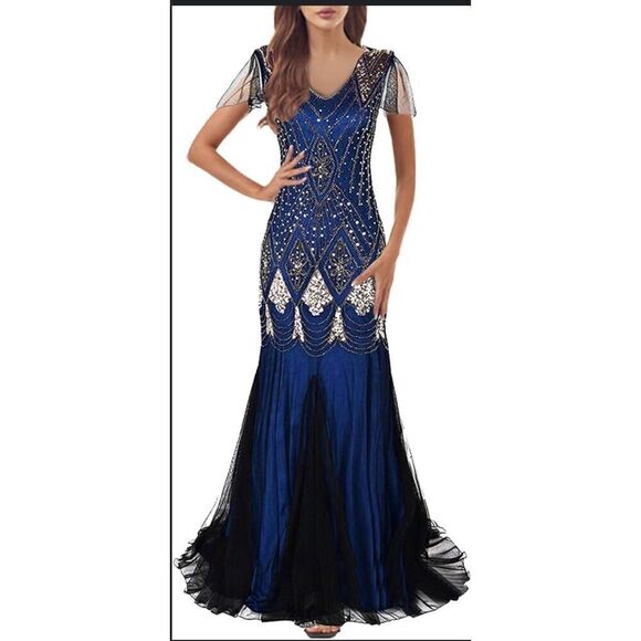Womens 1920's S/M Retro Sequin Dress Cobalt Blue Silver Fishtail Bottom Stretch - Picture 1 of 8